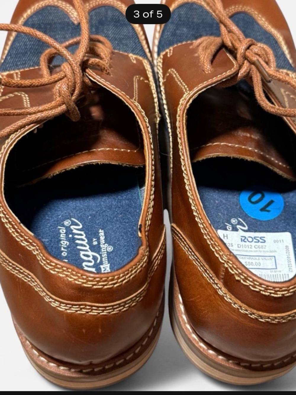 Original Penguin Men’s Brown Leather and Blue Canvas Wingtip Derbys - Picture 3 of 4